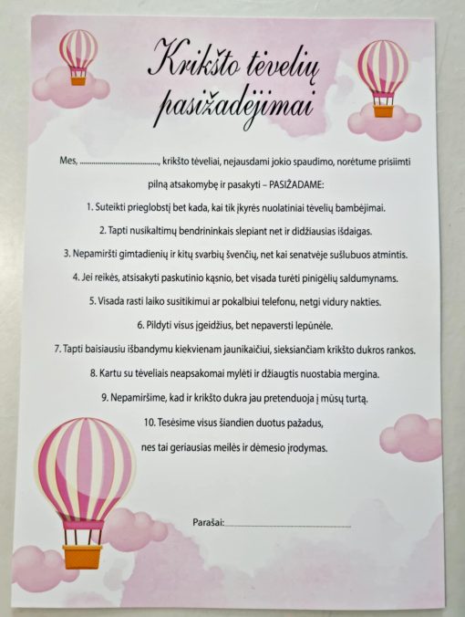 Mergaitės Krikšto tėvelių pasižadėjimai, rausvos sp.