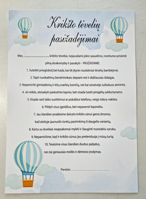 Berniuko Krikšto tėvelių pasižadėjimai, žydros sp.