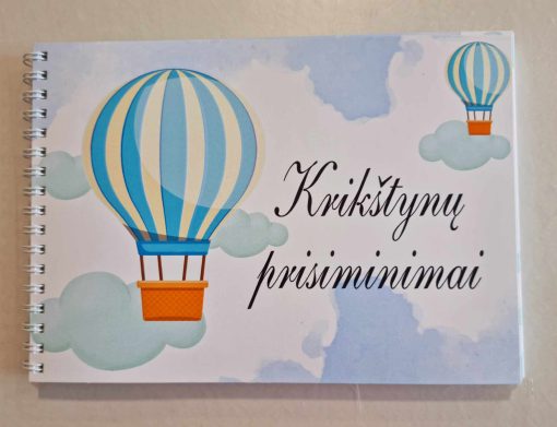 Palinkėjimų knygutė ,,Krikštynų prisiminimai" su žydru oro balionu