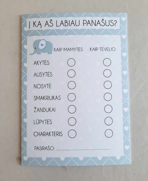 Žaidimo kortelė ,,Į ką aš panašus", melsvos sp. su su drambliuku