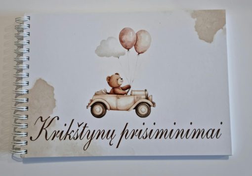 Palinkėjimų knygutė ,,Krikštynų prisiminimai" su rudu meškučiu