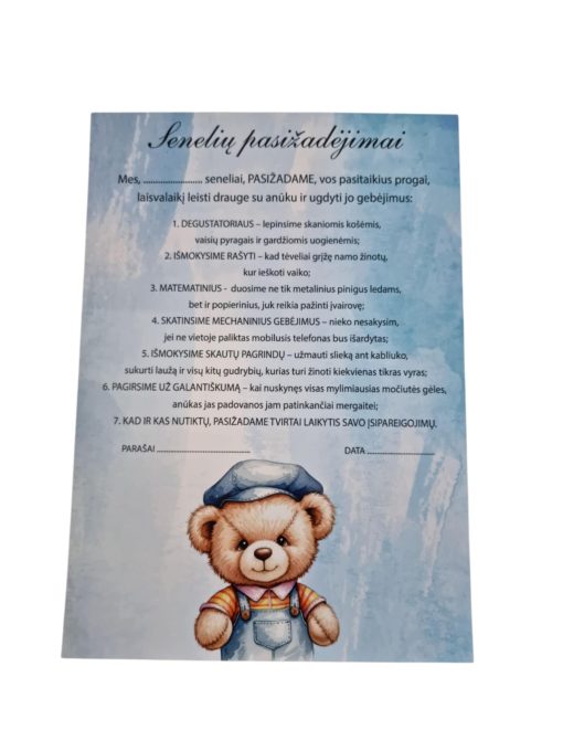 Berniuko senelių pasižadėjimai krikštynoms, melsvos sp. su meškučiu