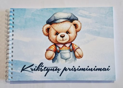 Palinkėjimų knygutė ,,Krikštynų prisiminimai" su mėlynu meškučiu