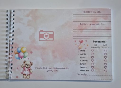 Palinkėjimų knygutė ,,Krikštynų prisiminimai" su rausvu meškučiu - Image 2