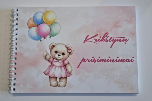 Palinkėjimų knygutė ,,Krikštynų prisiminimai" su rausvu meškučiu