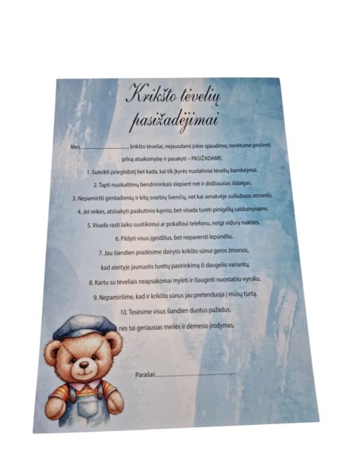 Berniuko Krikšto tėvelių pasižadėjimai, žydros sp. su meškučiu
