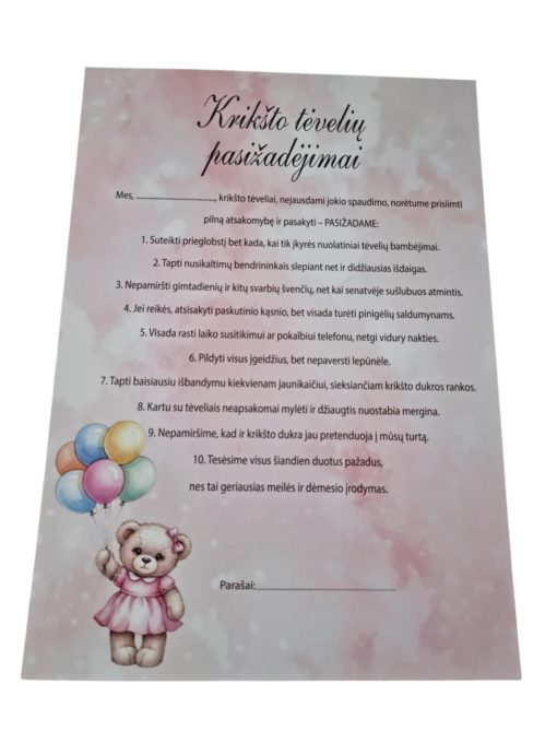 Mergaitės Krikšto tėvelių pasižadėjimai, rausvos sp.